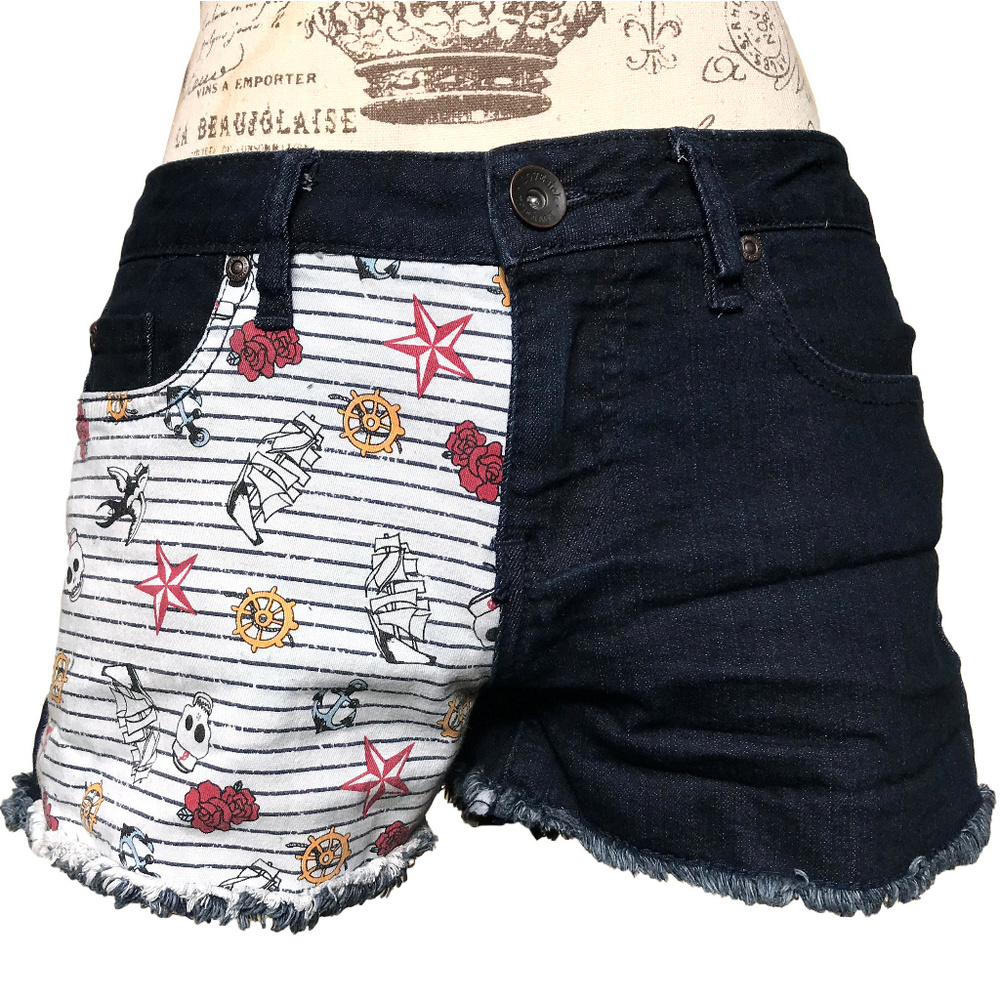 ♛4/$20♛ LOVEsick Asymmetrical Stretchy Jean Shorts Nautical Plaid Blue White 7